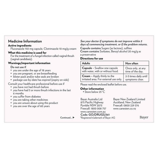 Canesoral Duo Oral 150mg Capsules And 10mg/g Cream 1 - Fluconazole + Clotrimazole (S3)