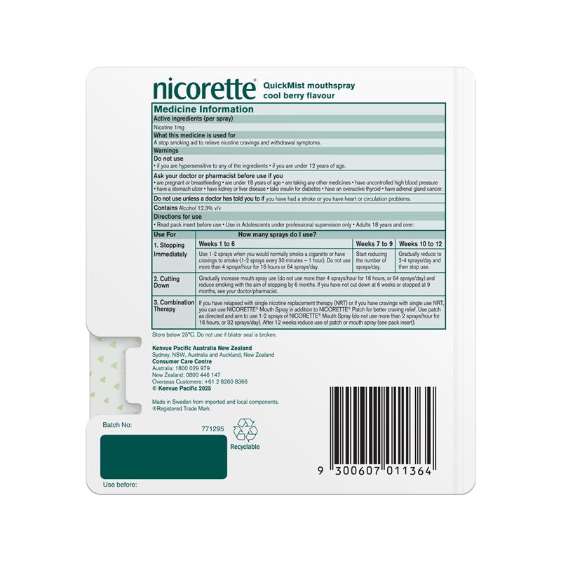 Load image into Gallery viewer, Nicorette Quit Smoking QuickMist Nicotine Mouth Spray Cool Berry 3 x 150 Pack
