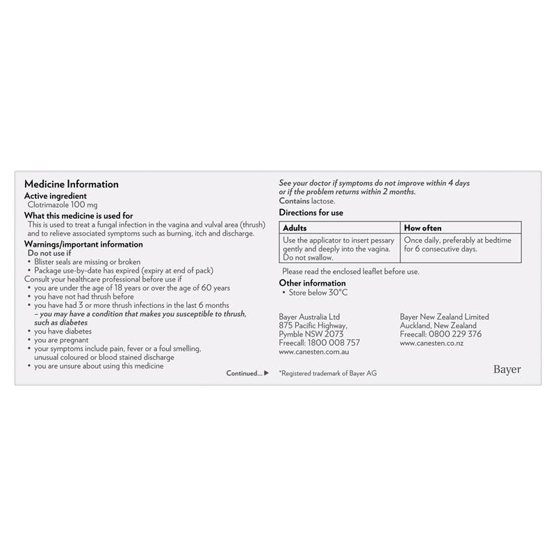 Load image into Gallery viewer, Canesten 6 Day Thrush Treatment Pessary - Clotrimazole (S3)
