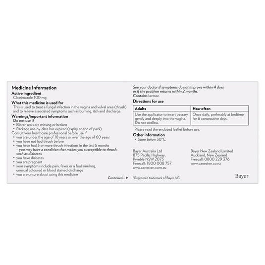 Canesten 6 Day Thrush Treatment Pessary - Clotrimazole (S3)