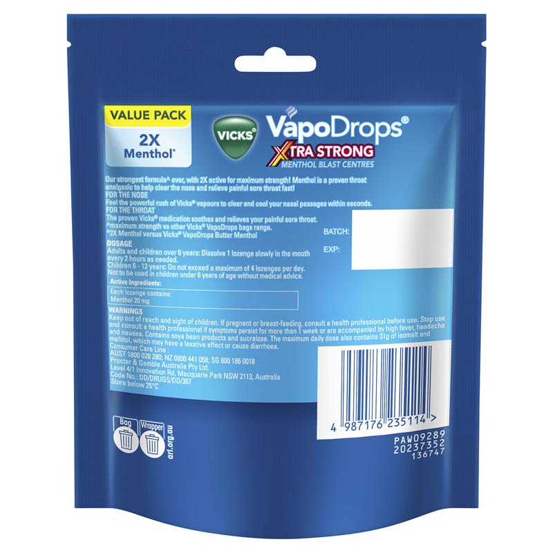 Load image into Gallery viewer, Vicks VapoDrops Xtra Strong Menthol Blast 30 Lozenges
