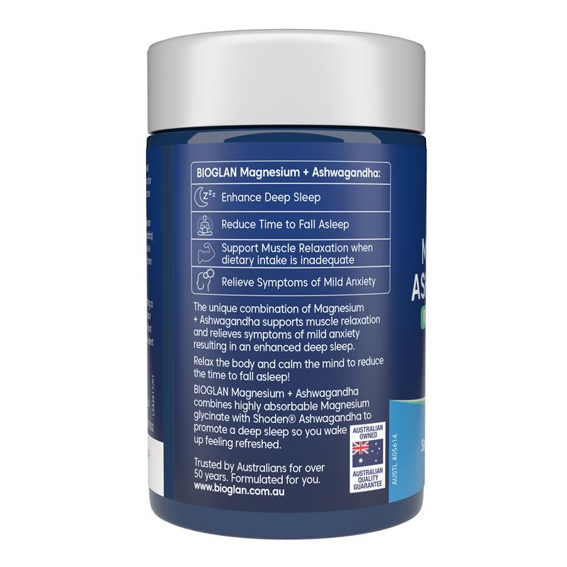 Load image into Gallery viewer, Bioglan Magnesium + Ashwagandha Relax Calm &amp; Sleep 60 Tablets
