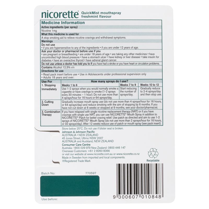 Load image into Gallery viewer, Nicorette Quit Smoking QuickMist Nicotine Mouth Spray Freshmint 150 Pack
