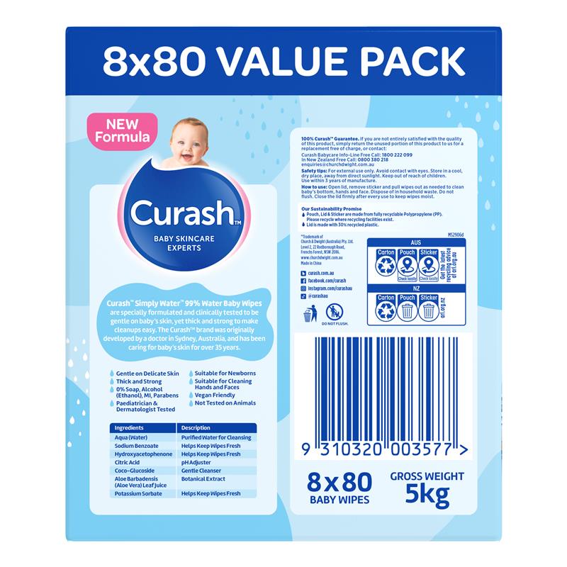 Load image into Gallery viewer, Curash Simply Water Wipes 8x80 Pack
