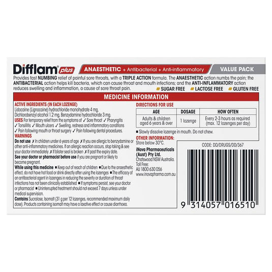 Difflam Plus Anaesthetic Sugar Free Honey & Lemon 32 Lozenges