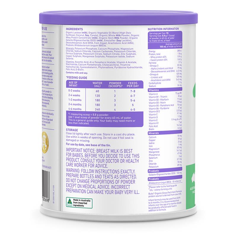 Load image into Gallery viewer, Bubs Organic Grass Fed Stage 1 Infant Milk Formula 800g

