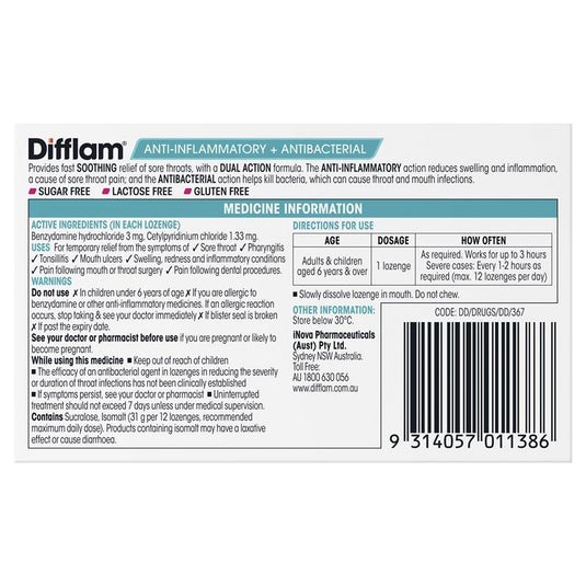 Difflam Sore Throat Sugar Free Strawberry 16 Lozenges