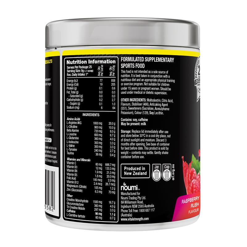 Load image into Gallery viewer, Vital Strength Pre Workout Powder Raspberry Rush 225g
