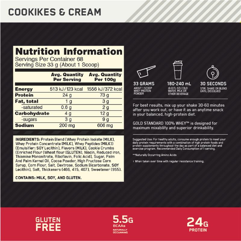 Load image into Gallery viewer, Optimum Nutrition Gold Standard 100% Whey Cookies &amp; Cream 2.27kg
