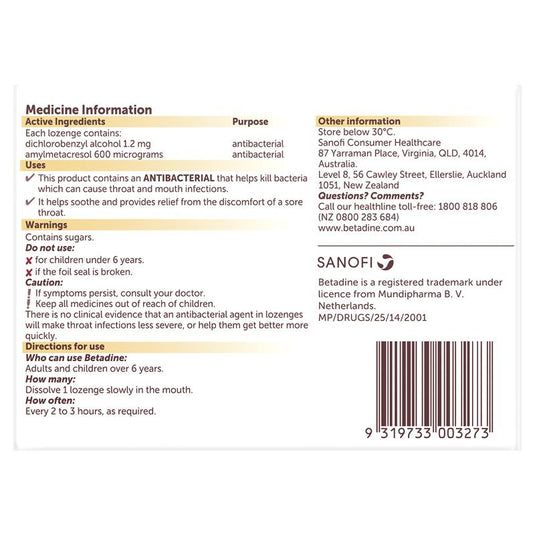 Betadine Sore Throat Lozenges Soothing Honey & Lemon Flavour 16 Pack