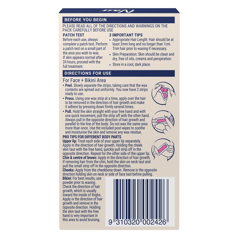 Load image into Gallery viewer, Nair Sensitive Formula Wax Ready Strips Rice Bran Oil &amp; Cherry Blossom Extract Face &amp; Bikini 20 Pack

