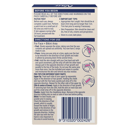 Nair Sensitive Formula Wax Ready Strips Rice Bran Oil & Cherry Blossom Extract Face & Bikini 20 Pack