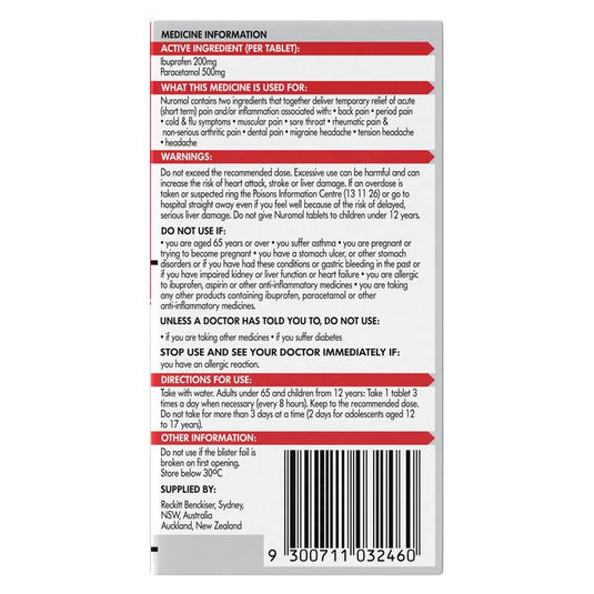 Nuromol Strong Pain Relief 200mg/500mg Tablets 24 - Ibuprofen + Paracetamol (S3)