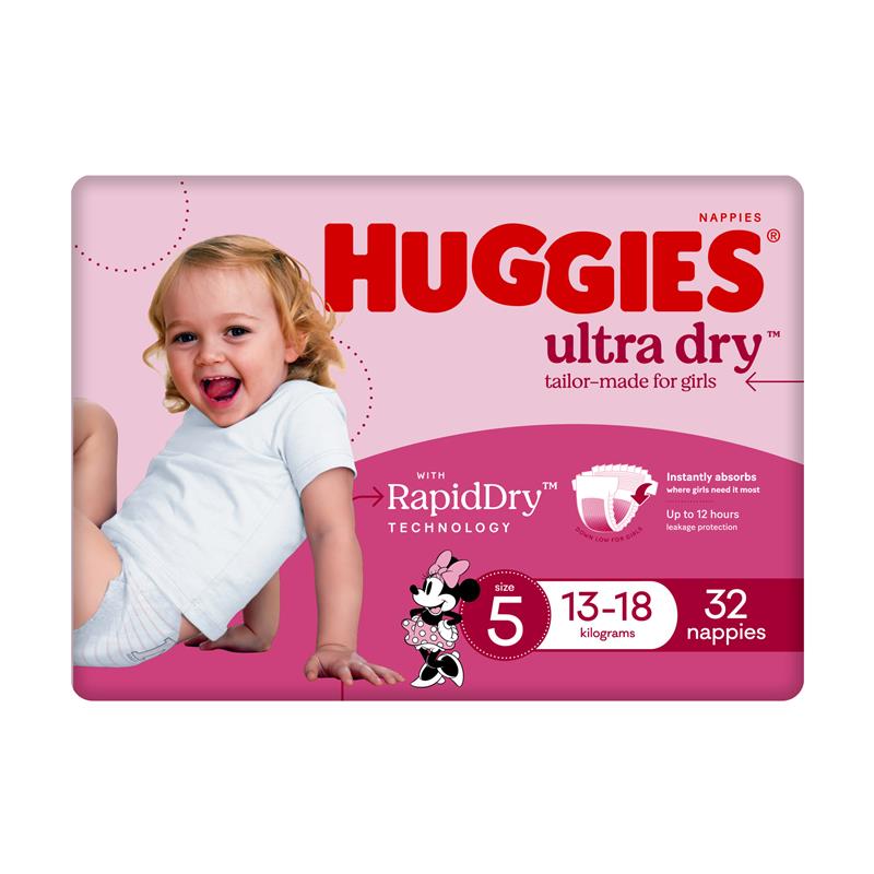 Load image into Gallery viewer, Huggies Ultra Dry Nappies Size 5 Girl 13-18kg Bulk 32 Pack
