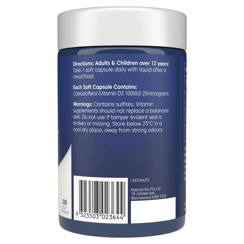 Load image into Gallery viewer, Bioglan Vitamin D3 1000IU 250 Capsules
