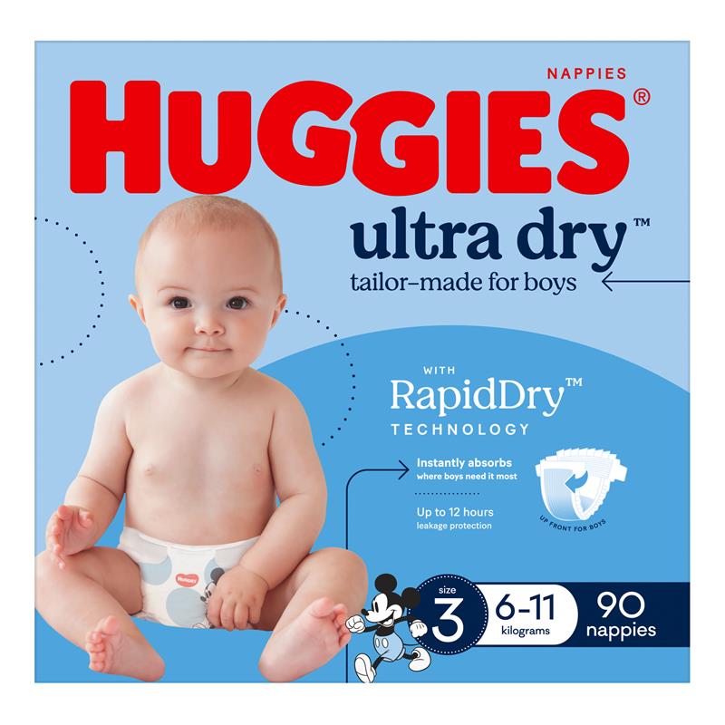 Load image into Gallery viewer, Huggies Ultra Dry Nappies Boy Size 3 Jumbo 90 Pack
