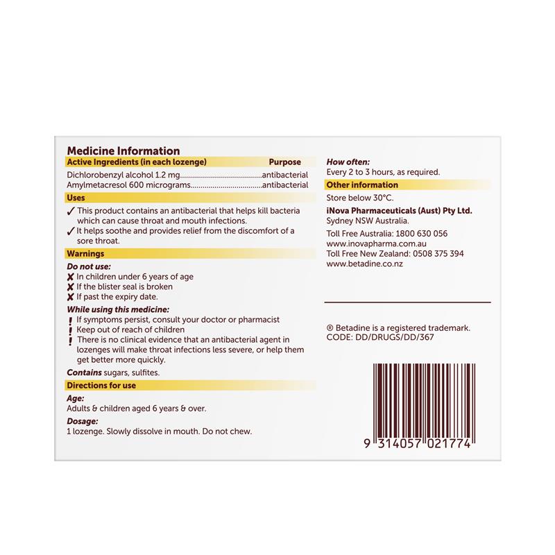 Load image into Gallery viewer, Betadine Sore Throat Lozenges Soothing Honey &amp; Lemon Flavour 36 Pack
