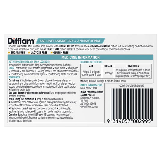 Difflam Sore Throat Sugar Free Honey And Lemon 16 Lozenges