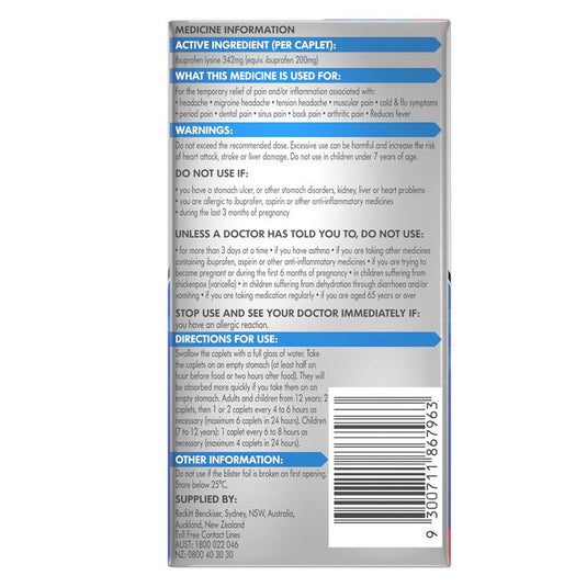 Nurofen Quickzorb Pain Relief Caplets 48 pack Ibuprofen Lysine 342mg