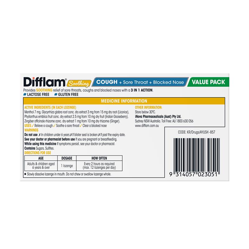 Load image into Gallery viewer, Difflam Soothing Cough + Sore Throat + Blocked Nose Honey Lemon 32 Lozenges

