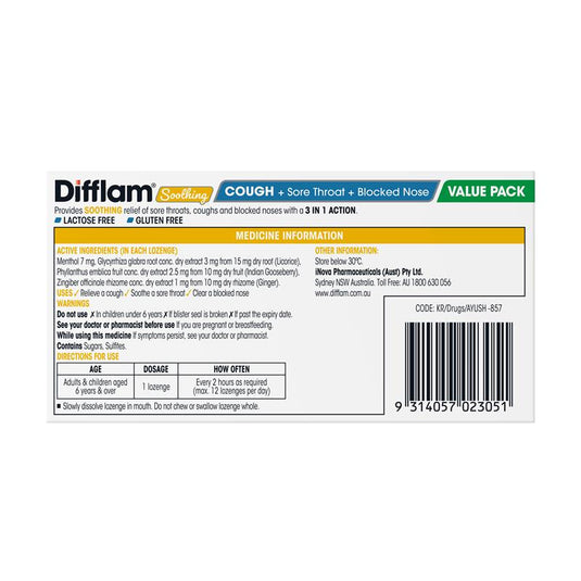 Difflam Soothing Cough + Sore Throat + Blocked Nose Honey Lemon 32 Lozenges