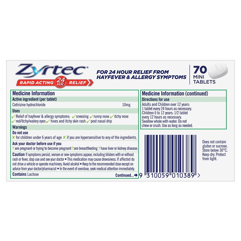 Load image into Gallery viewer, Zyrtec Rapid Acting Antihistamine Allergy &amp; Hayfever Mini Tablets 70 Pack
