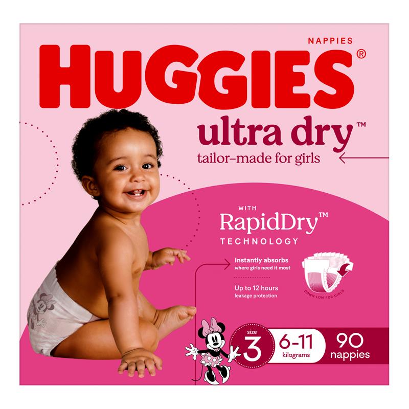 Load image into Gallery viewer, Huggies Ultra Dry Nappies Girl Size 3 Jumbo 90 Pack
