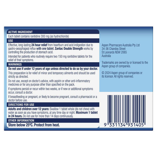 Zantac Double Strength 24 Hour 300mg  14 Tablets