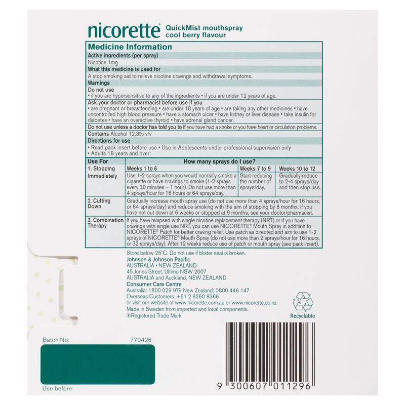 Load image into Gallery viewer, Nicorette Quit Smoking QuickMist Nicotine Mouth Spray Cool Berry 2 x 150 Sprays
