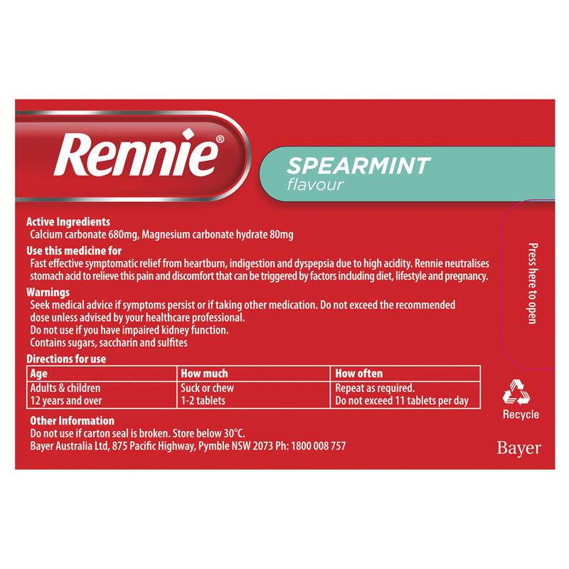 Load image into Gallery viewer, Rennie Indigestion and Heartburn Relief Spearmint 96 Chewable Tablets
