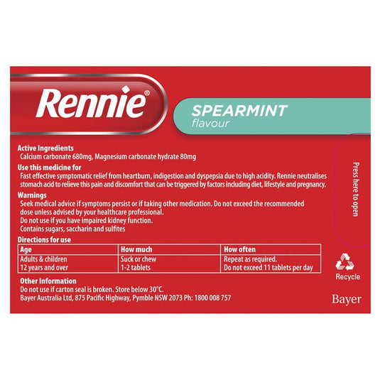 Rennie Indigestion and Heartburn Relief Spearmint 96 Chewable Tablets
