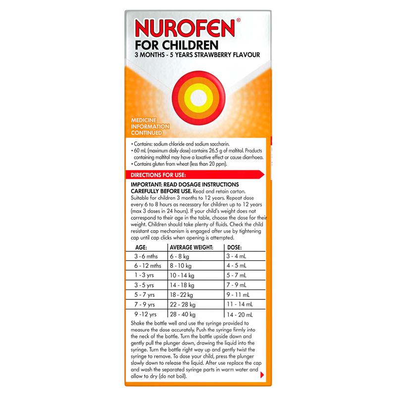 Load image into Gallery viewer, Nurofen For Children 3 months - 5 years Pain and Fever Relief 100mg/5mL Ibuprofen Strawberry 200mL

