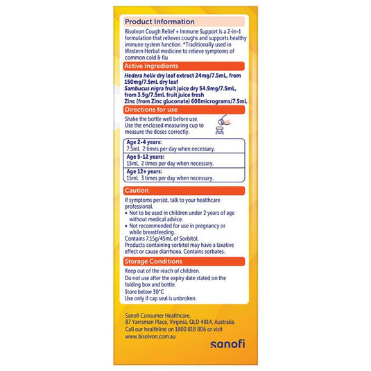 Bisolvon Cough Relief + Immune Support Cough Syrup for Kids + Adults - 200mL