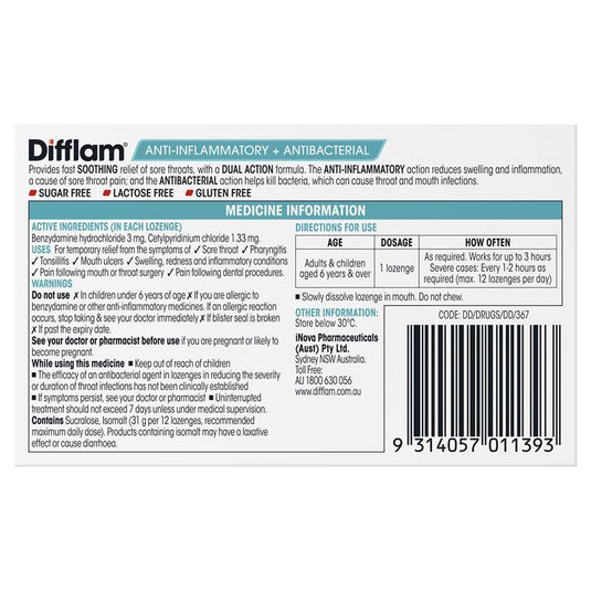 Difflam Sore Throat Sugar Free Raspberry 16 Lozenges