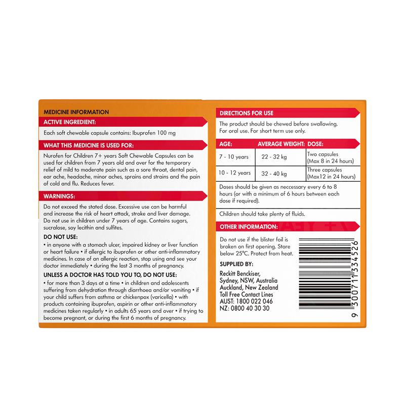 Load image into Gallery viewer, Nurofen For Children 7+ Pain and Fever Relief Chewable Capsules 100mg Ibuprofen Orange 24 pack

