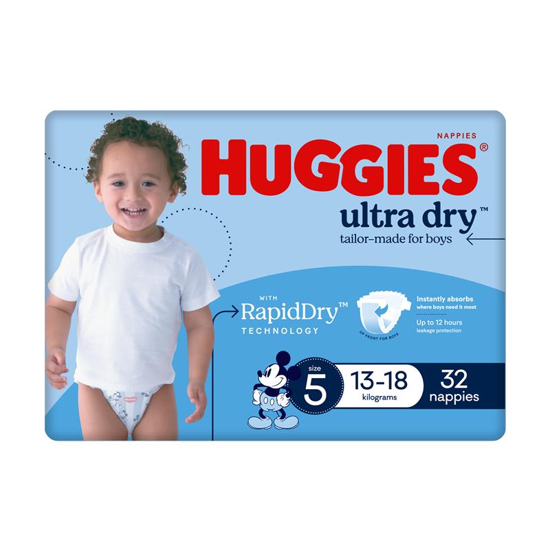 Load image into Gallery viewer, Huggies Ultra Dry Nappies Size 5 Boy 13-18kg Bulk 32 Pack

