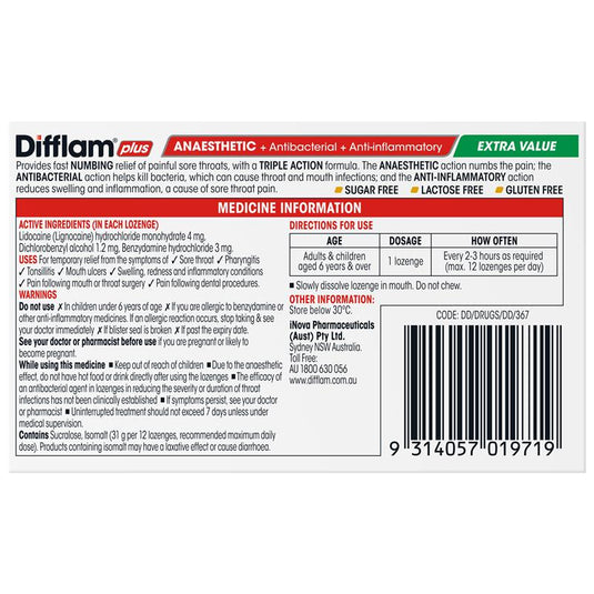 Difflam Sore Throat Sugar Free Honey And Lemon 48 Lozenges