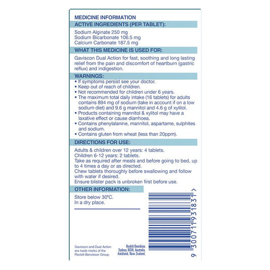 Gaviscon Dual Action Chewable Tablets Peppermint Heartburn & Indigestion Relief 32 Pack