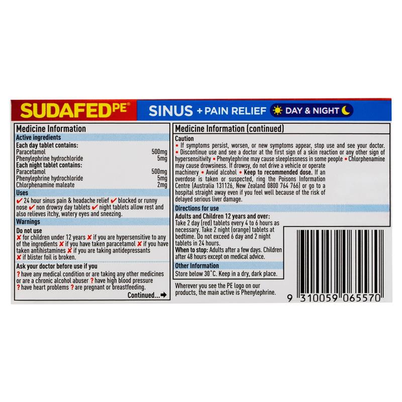 Load image into Gallery viewer, Sudafed PE Sinus + Pain Relief Day &amp; Night Tablets 24 Pack
