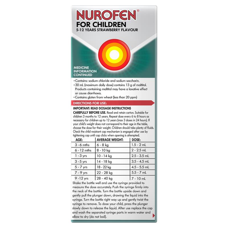 Load image into Gallery viewer, Nurofen For Children 5-12yrs Pain and Fever Relief Concentrated Liquid 200mg/5mL Ibuprofen Strawberry 200mL
