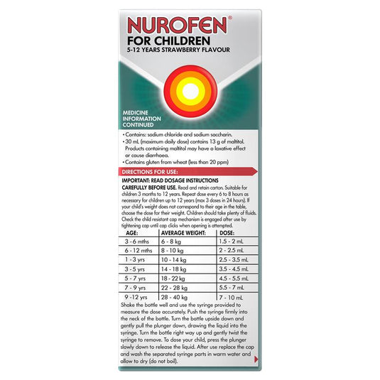 Nurofen For Children 5-12yrs Pain and Fever Relief Concentrated Liquid 200mg/5mL Ibuprofen Strawberry 200mL