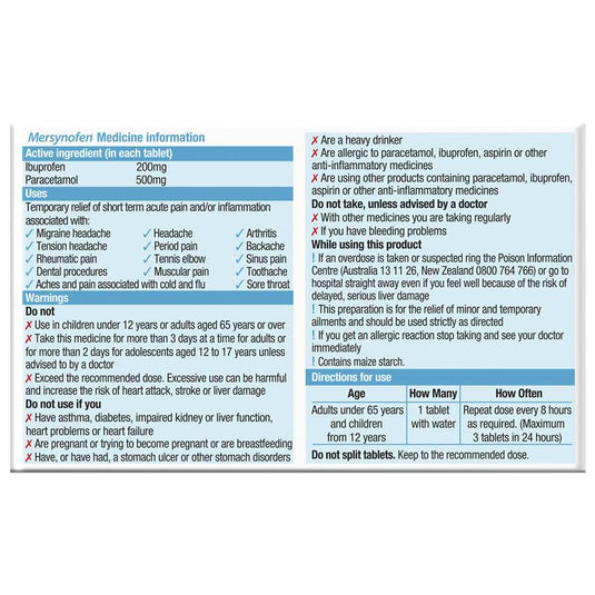 Mersynofen Pain Relief Tablets with Paracetamol + Ibuprofen 30 Pack (S3)