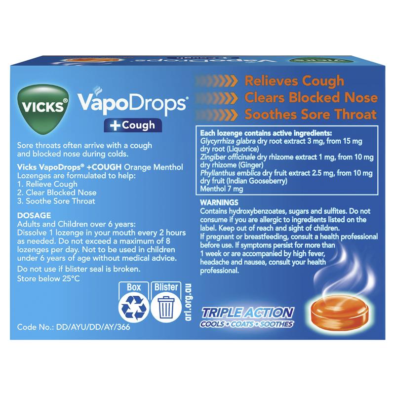 Load image into Gallery viewer, Vicks VapoDrops + Cough Orange Menthol 36 Lozenges
