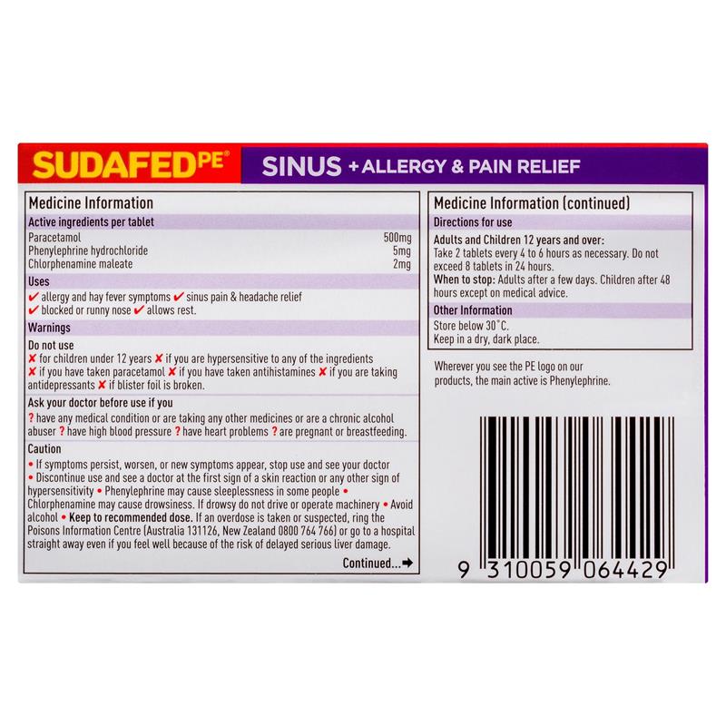 Load image into Gallery viewer, Sudafed PE Sinus + Allergy &amp; Pain Relief 48 Tablets
