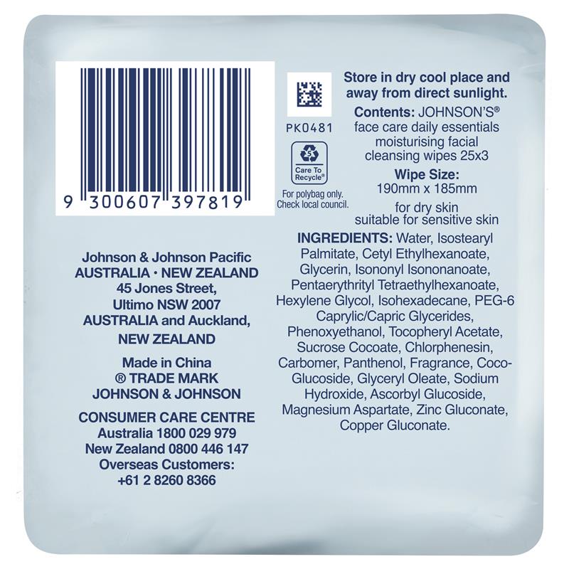 Load image into Gallery viewer, Johnson's Face Care Moisturising Facial Cleansing Wipes For Dry Skin 3 x 25 Pack
