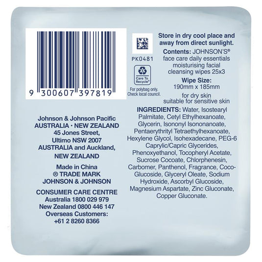 Johnson's Face Care Moisturising Facial Cleansing Wipes For Dry Skin 3 x 25 Pack