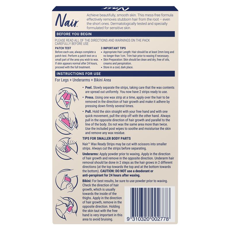 Load image into Gallery viewer, Nair Sensitive Formula Wax Ready Strips Rice Bran Oil &amp; Cherry Blossom Extract Legs &amp; Body 40 Pack
