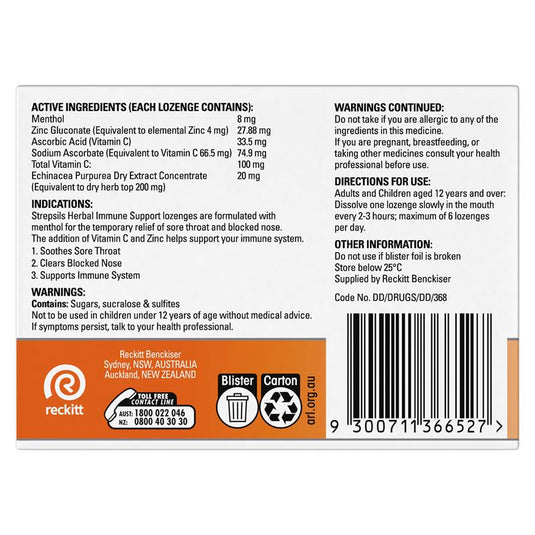 Strepsils Herbal Immune Support Lozenges Honey Lemon 16 Pack