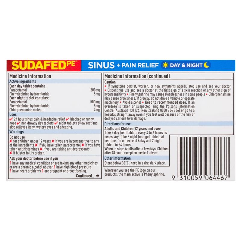 Load image into Gallery viewer, Sudafed PE Sinus + Pain Relief Day &amp; Night Tablets 48 Pack
