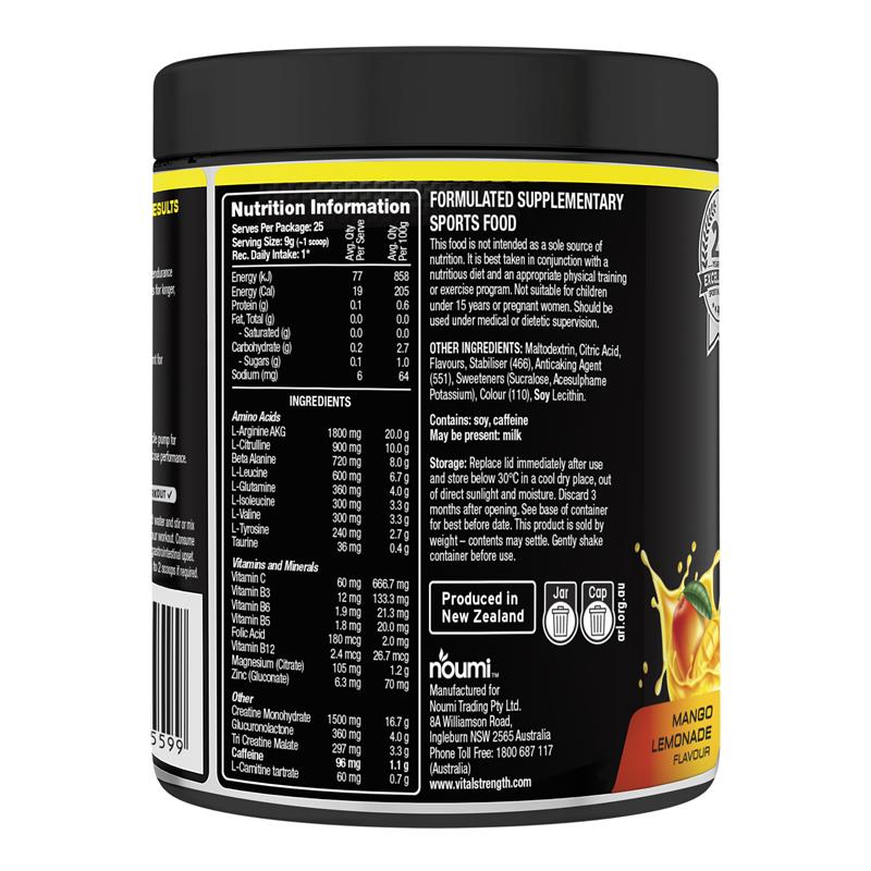 Load image into Gallery viewer, Vital Strength Pre Workout Powder Mango Lemonade 225g
